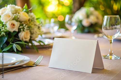 Paper Table Card Horizontal. Wedding Table Setting with Flowers.