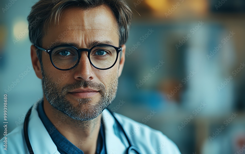 Confident male doctor in hospital office, wearing glasses and stethoscope, looking directly at camera, modern clinical environment Confident male doctor in hospital office, wearing glasses and stethoscope, looking directly at camera, modern clinical environment