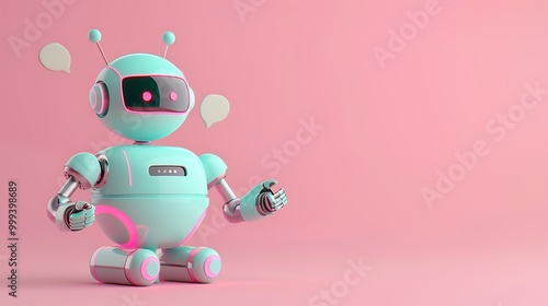 A cute, pastel-colored robot with speech bubbles, designed for playful interaction.