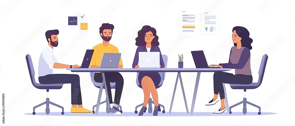 Diverse team of young managers, quick brainstorming session, using laptops, female businesswoman presenting investment strategy with laptop Diverse team of young managers, quick brainstorming session, using laptops, female businesswoman presenting investment strategy with laptop