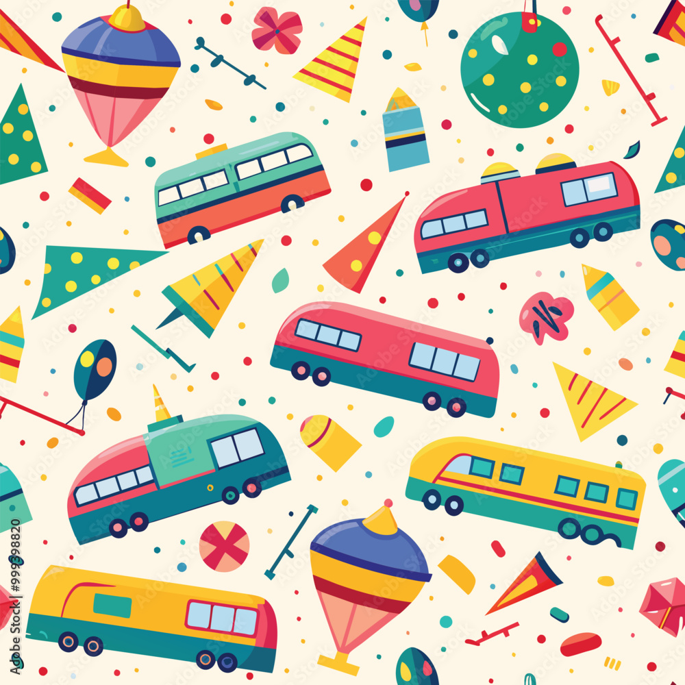 This vibrant seamless pattern showcases charming trains surrounded by festive confetti cones and colorful shapes ideal for joyful designs and decorations This vibrant seamless pattern showcases charming trains surrounded by festive confetti cones and colorful shapes ideal for joyful designs and decorations