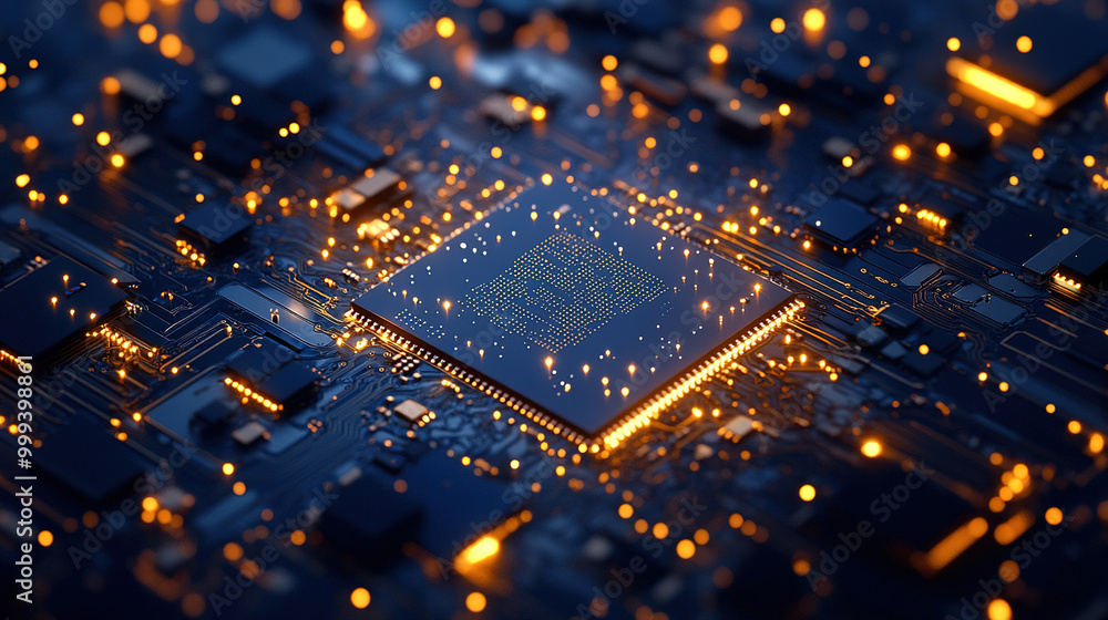 Ultra high definition image of chips and electronic circuit boards on a dark background, with a light orange, sky blue, light indigo and gold color scheme, delicate lines and sophisticated design. Ultra high definition image of chips and electronic circuit boards on a dark background, with a light orange, sky blue, light indigo and gold color scheme, delicate lines and sophisticated design.
