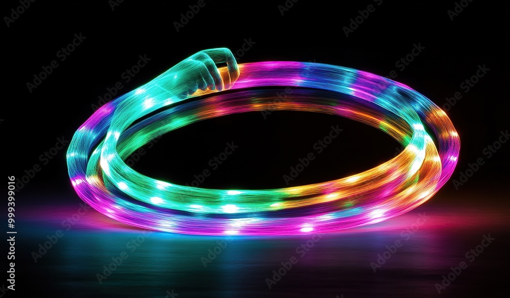 a long exposure photo of neon light forming the shape of an arm on top and bottom of hula hoop a long exposure photo of neon light forming the shape of an arm on top and bottom of hula hoop