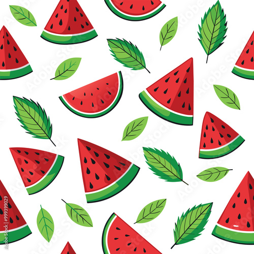 A colorful pattern featuring watermelon slices and green leaves ideal for summer decorations fabric prints and cheerful design projects