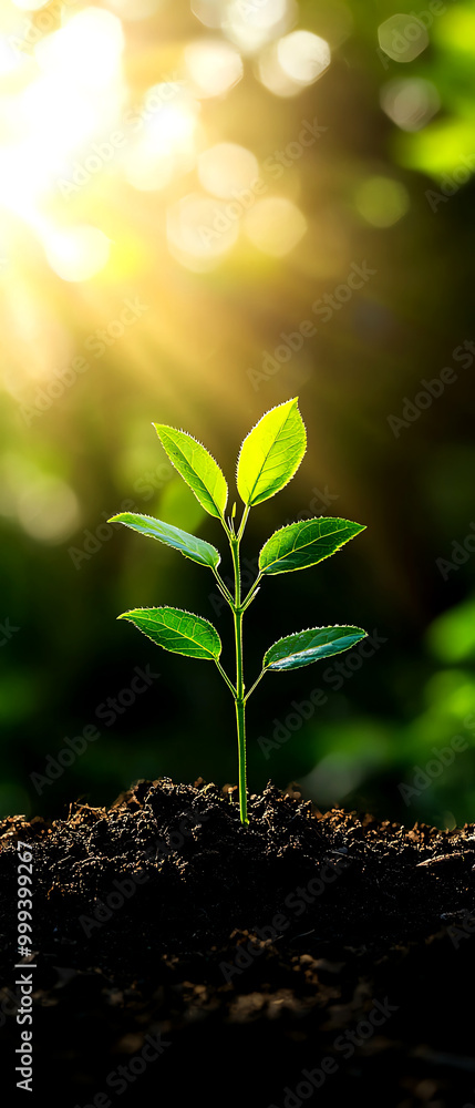 Green plant growing from dark soil, illuminated by soft sunlight, symbolizing growth, rejuvenation, and the cycle of life. Green plant growing from dark soil, illuminated by soft sunlight, symbolizing growth, rejuvenation, and the cycle of life.