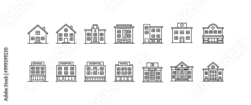 Set of building icons, such as city, apartment, condominium, town