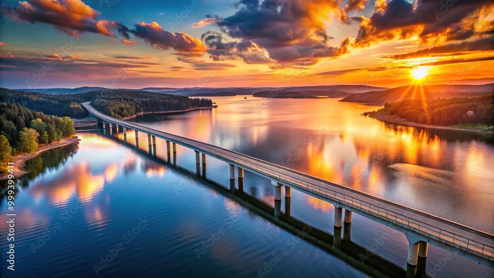 Fototapeta premium A stunning aerial shot of a bridge over a reservoir at sunset, captured with a DJI Mavic Air drone