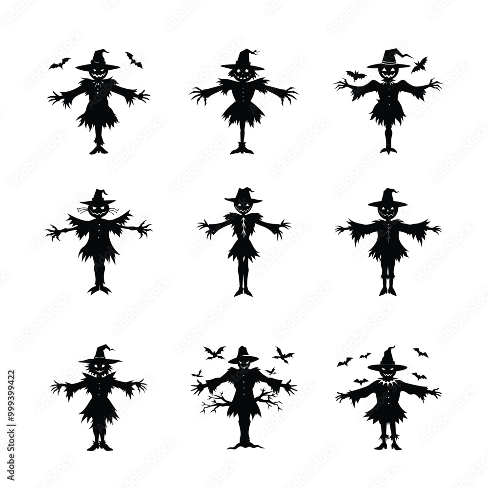 Fototapeta premium Halloween Scarecrow silhouette bundle is perfect for t-shirts, posters, bags, and mugs, A spooky, stylish design ideal for Halloween-themed projects and products, Download and use now.