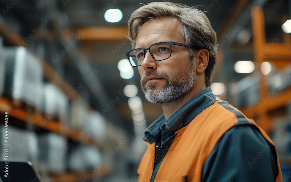 Handsome middleaged engineer with glasses using laptop, looking around factory facility, modern electronic components production, industrial equipment Handsome middleaged engineer with glasses using laptop, looking around factory facility, modern electronic components production, industrial equipment