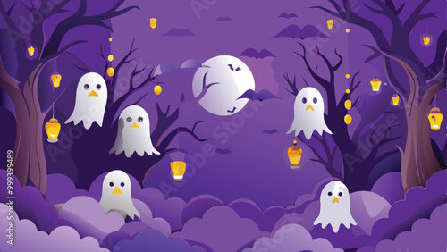 Print Ghosts Floating in a Mysterious Forest Halloween Background Vector Illustration