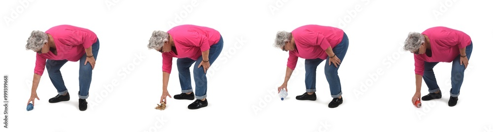 Fototapeta premium group of the same woman picking up trash from the ground on white background