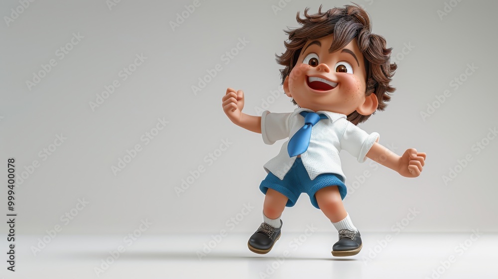 A cute 3D cartoon image of a school boy wearing a school uniform, a white shirt and blue pants, on a clean white background to convey the message of studying and going to school. A cute 3D cartoon image of a school boy wearing a school uniform, a white shirt and blue pants, on a clean white background to convey the message of studying and going to school.
