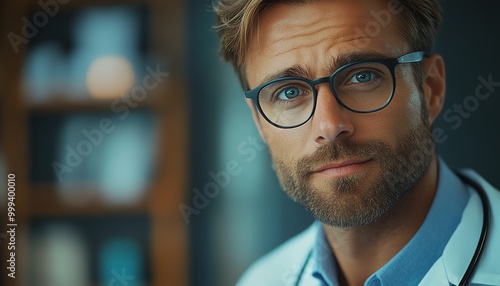 Male physician in hospital office, wearing glasses and stethoscope, confidently turning and looking at camera, modern clinical setting, healthcare solution