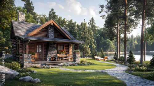 Photorealistic Forest Cabin in Rustic Style in summertime – Perfect for Print, Poster, and Home Decor, generated ai