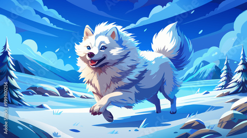 American Eskimo Dog running through a snowy landscape with its fur fluffed up against the cold, bright blue sky in the background, cinematic style, Compositing Cor