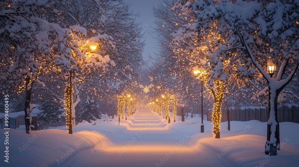 A serene winter path illuminated by street lamps, surrounded by snow-covered trees, creating a magical evening atmosphere. A serene winter path illuminated by street lamps, surrounded by snow-covered trees, creating a magical evening atmosphere.