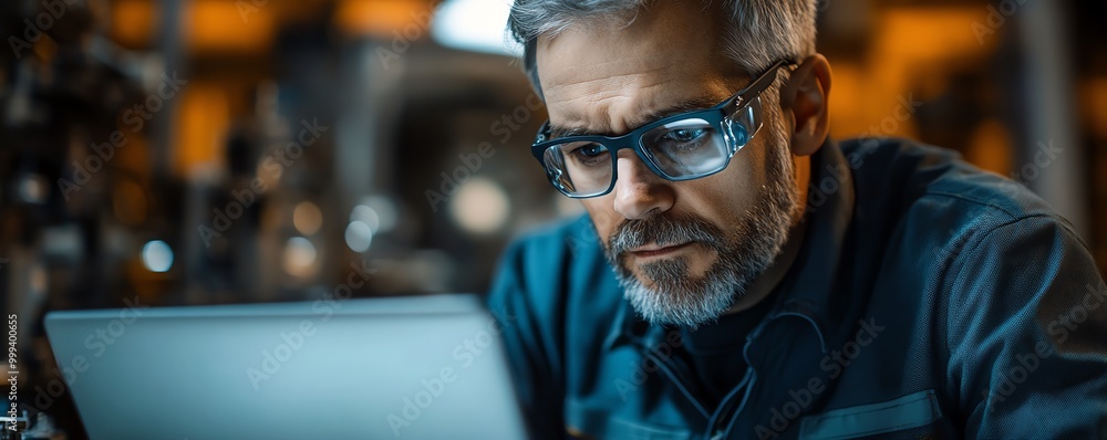 Middleaged engineer with glasses in factory, working on laptop, examining equipment, producing electronic components for various industries Middleaged engineer with glasses in factory, working on laptop, examining equipment, producing electronic components for various industries