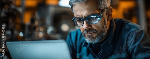 Middleaged engineer with glasses in factory, working on laptop, examining equipment, producing electronic components for various industries