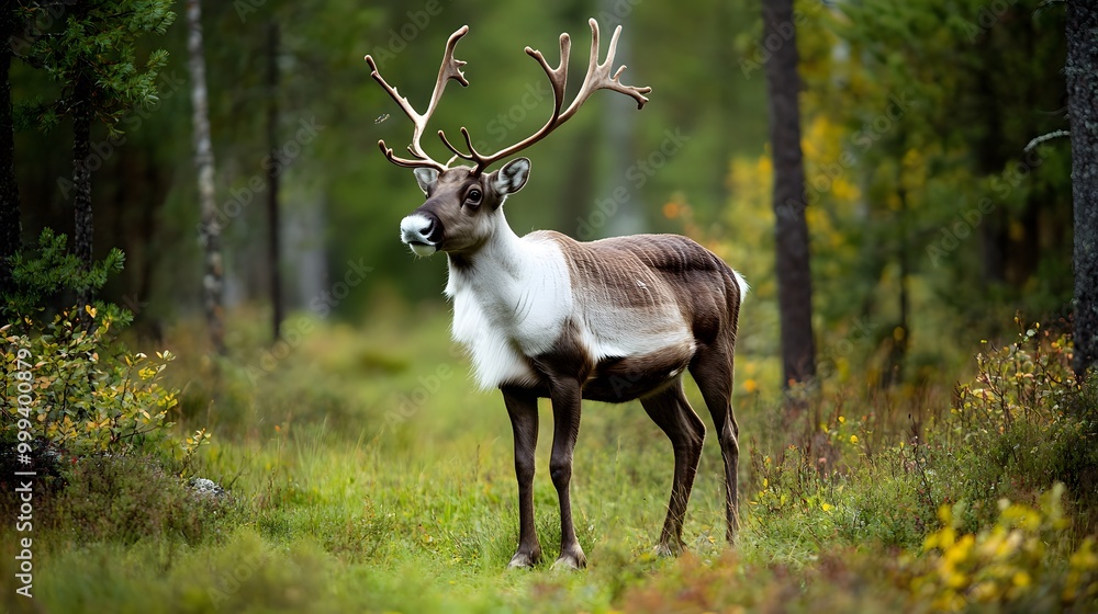 A reindeer standing near a clearing in a deep green forest A reindeer standing near a clearing in a deep green forest