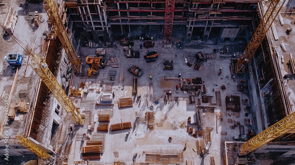 Generate a photo realistic image of drone surveillance at a construction site, with drones, aerial view monitoring, drone operators, and construction site activities visible
