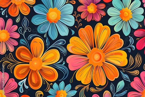 Colorful 70s retro seamless floral pattern