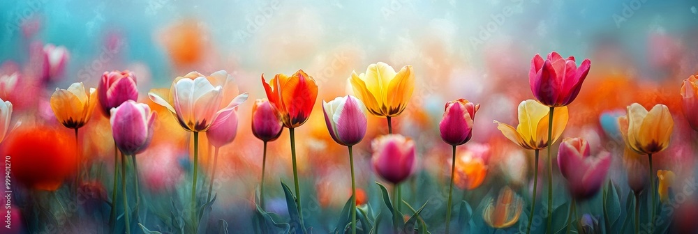 Vibrant tulip field dancing in the breeze under a soft, dreamy sky, a serene landscape bursting with color and life Vibrant tulip field dancing in the breeze under a soft, dreamy sky, a serene landscape bursting with color and life
