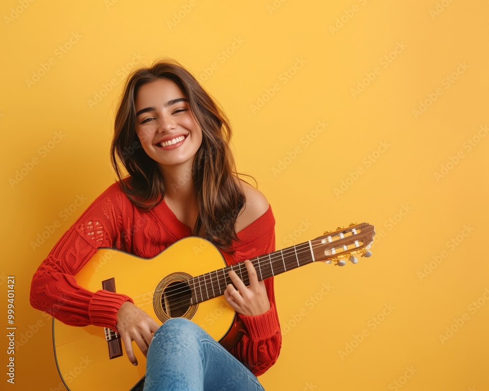 Happy Young Woman Playing Classical Guitar in a Bright Studio Setting Happy Young Woman Playing Classical Guitar in a Bright Studio Setting