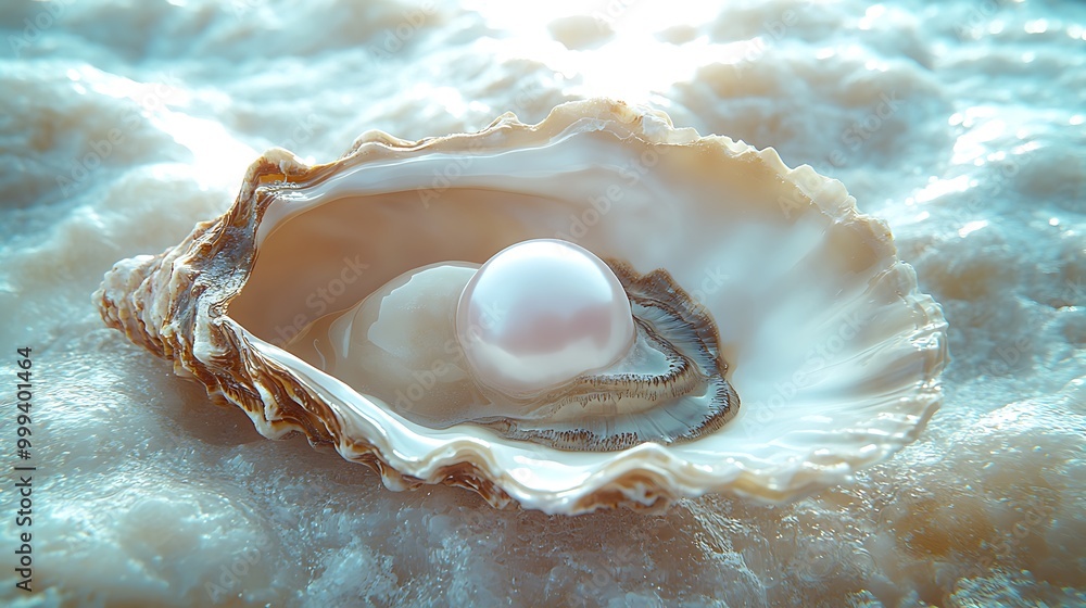 A close-up of a pearl inside an oyster shell on a white background. A close-up of a pearl inside an oyster shell on a white background.