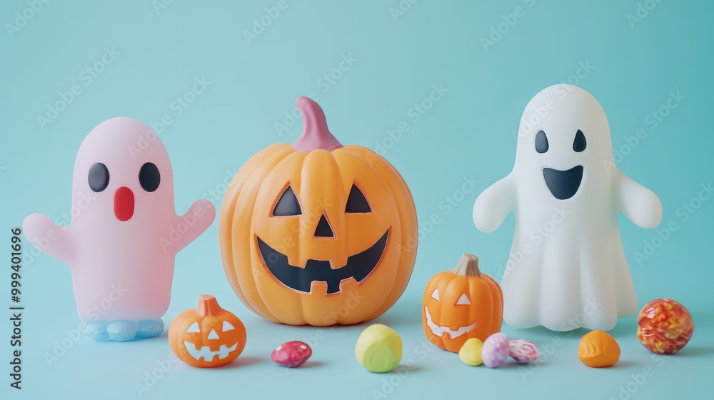 Halloween decorations including a pumpkin, a ghost Halloween decorations including a pumpkin, a ghost