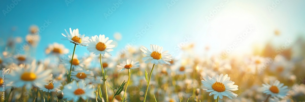 Sunny Daisy Field with Blue Sky, vibrant daisies swaying gently, bright sunlight illuminating a serene landscape, soft clouds drifting above Sunny Daisy Field with Blue Sky, vibrant daisies swaying gently, bright sunlight illuminating a serene landscape, soft clouds drifting above