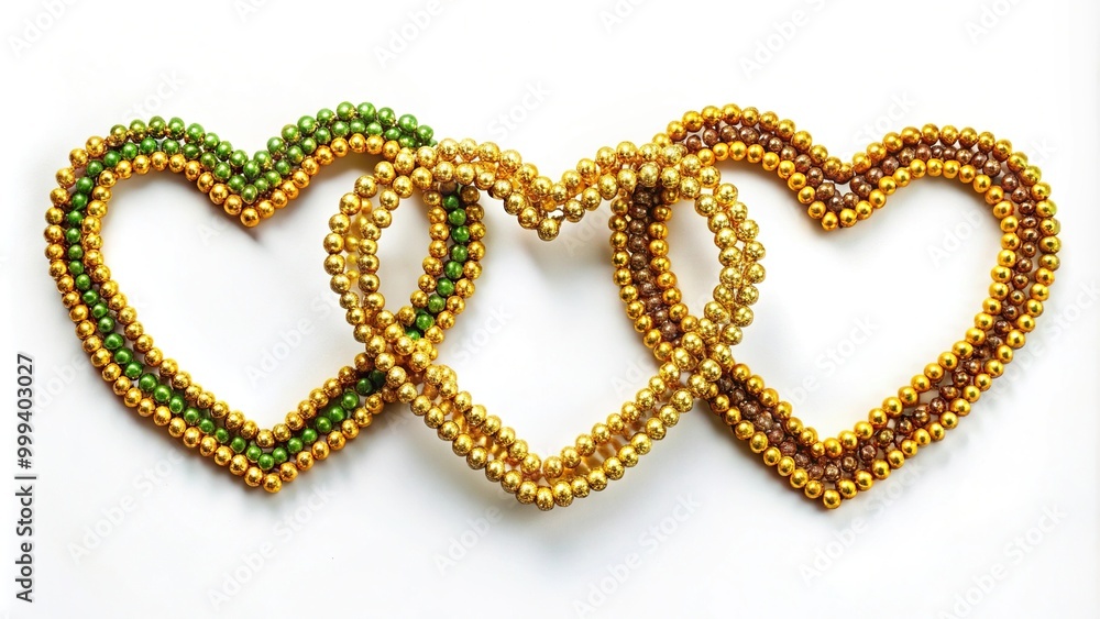 Abstract art of three connected hearts made of yellow brown and green beads on a white background High Angle Abstract art of three connected hearts made of yellow brown and green beads on a white background High Angle