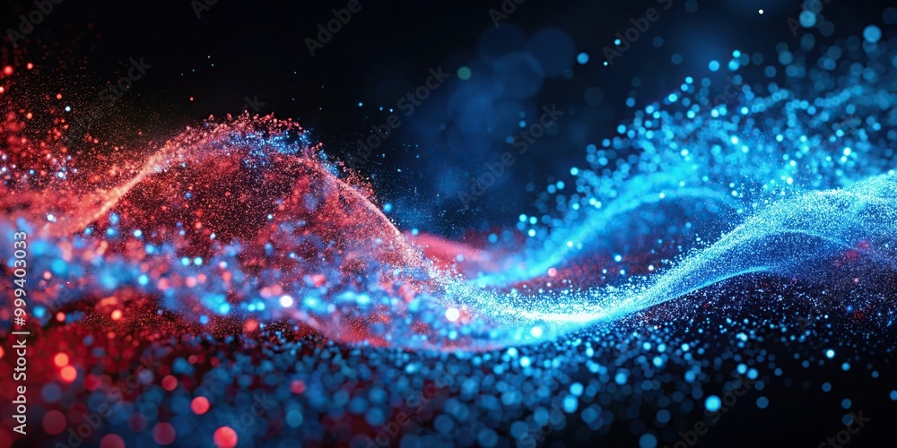 Abstract art of luminous particles in blue and red colors close-up Abstract art of luminous particles in blue and red colors close-up