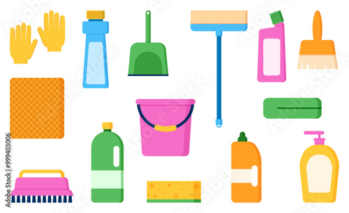 Set of cleaning products and cleaning equipment flat illustration clipart