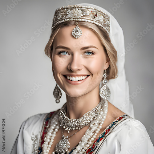 portrait of a beautiful Nordic woman wearing crown and traditional clothes photo