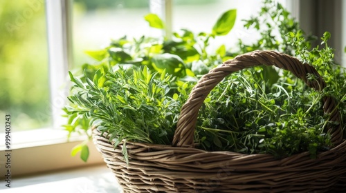 A basket of fresh herbs sitting in the kitchen window, ready to be used in a delicious homemade recipe.