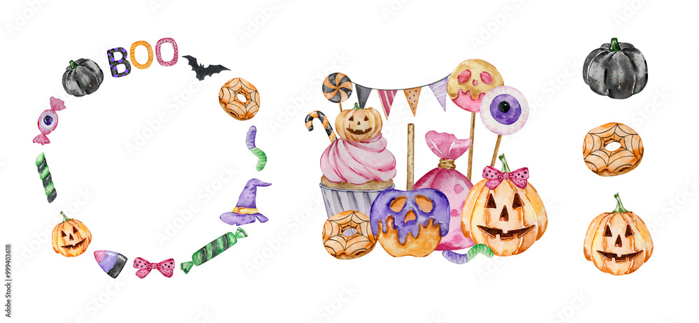 Fototapeta premium Watercolor Cute Halloween Candy set For Party Design
