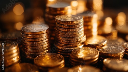 Close-up detailed photograph of a pile of gold used in graphics and designs to represent financial and business images.