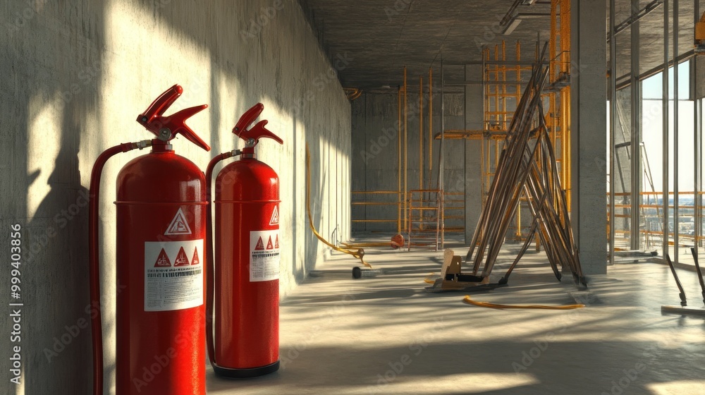 Generate a photo realistic image of fire safety preparedness drills at a construction site, with fire extinguishers, fire safety training, evacuation procedures, and construction site overview visible Generate a photo realistic image of fire safety preparedness drills at a construction site, with fire extinguishers, fire safety training, evacuation procedures, and construction site overview visible