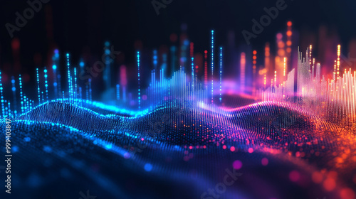 Abstract background featuring a wavy grid color graph with a defocused effect on a dark backdrop. Represents big data and technology wireframe interlacement in virtual space. Ideal for a banner focuse photo