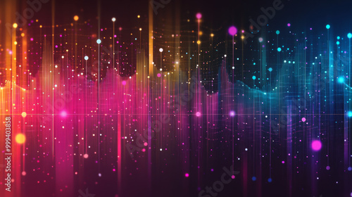 Abstract background featuring a wavy grid color graph with a defocused effect on a dark backdrop. Represents big data and technology wireframe interlacement in virtual space. Ideal for a banner focuse photo