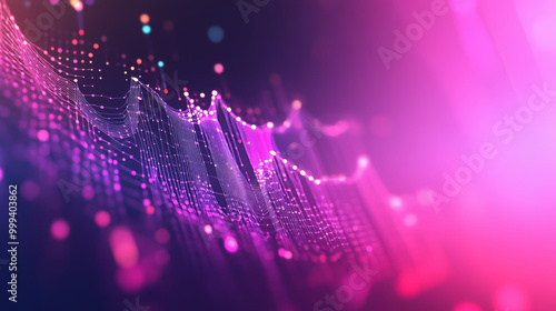Abstract background featuring a wavy grid color graph with a defocused effect on a dark backdrop. Represents big data and technology wireframe interlacement in virtual space. Ideal for a banner focuse