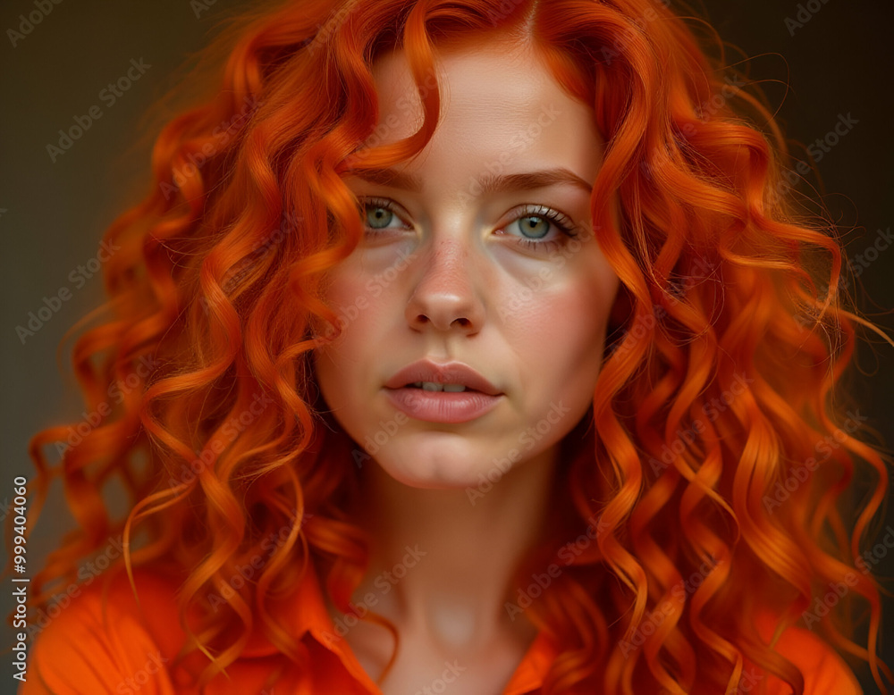 a young caucasian, model woman with long, vibrant orange curly hair, Fair Skin, and Green Eyes, natural makeup, look and is looking directly at the camera with a Slight smile, studio shot a young caucasian, model woman with long, vibrant orange curly hair, Fair Skin, and Green Eyes, natural makeup, look and is looking directly at the camera with a Slight smile, studio shot