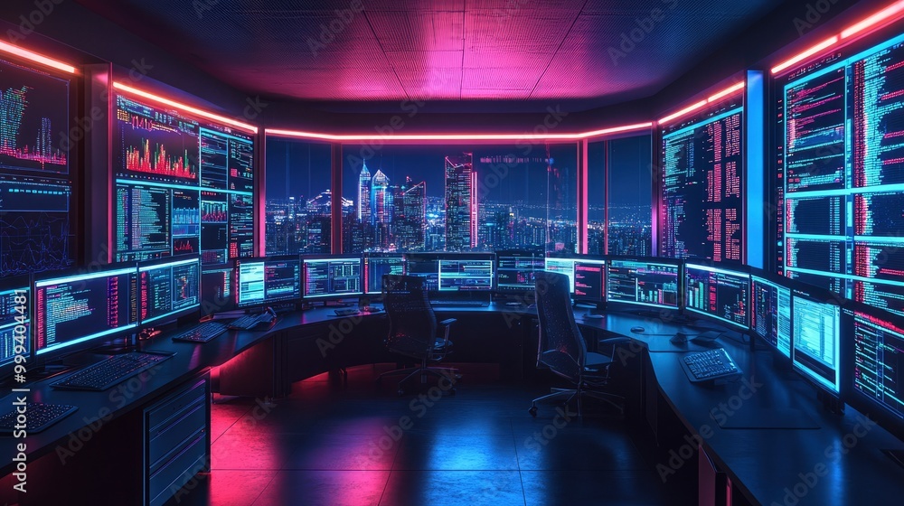 A futuristic office with glowing neon lights and a view of a city at night. A futuristic office with glowing neon lights and a view of a city at night.
