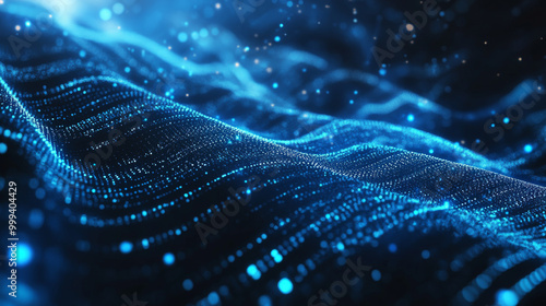 Abstract infographics featuring a wavy glow grid data design with blurred lines on a blue background. This 3D grid data chart serves as a banner for big data themes.



