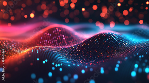 Abstract infographics featuring a wavy glow grid data design with blurred lines on a blue background. This 3D grid data chart serves as a banner for big data themes.



