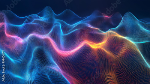Abstract infographics featuring a wavy glow grid data design with blurred lines on a blue background. This 3D grid data chart serves as a banner for big data themes.



