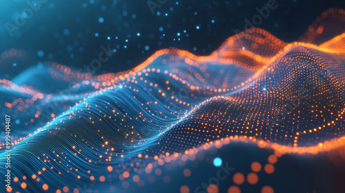 Abstract infographics featuring a wavy glow grid data design with blurred lines on a blue background. This 3D grid data chart serves as a banner for big data themes.



