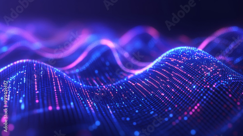 Abstract infographics featuring a wavy glow grid data design with blurred lines on a blue background. This 3D grid data chart serves as a banner for big data themes.



