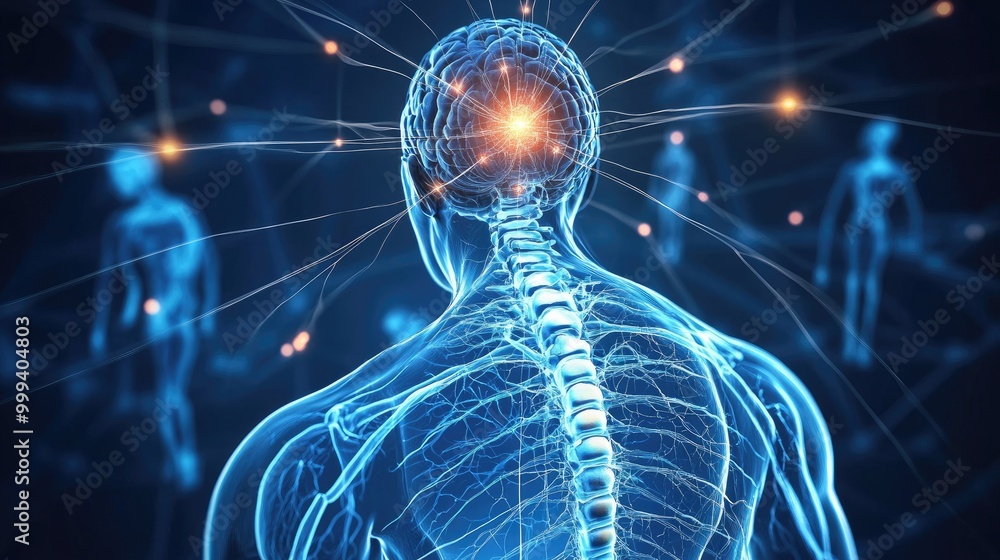 Nervous system, brain and spinal cord highlighted, intricate neuron pathways, 3D illustration Nervous system, brain and spinal cord highlighted, intricate neuron pathways, 3D illustration