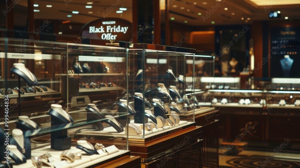 High-End Jewelry Store Interior with Black Friday Special Offers on Diamonds and Gold Pieces - Elegant Display Design High-End Jewelry Store Interior with Black Friday Special Offers on Diamonds and Gold Pieces - Elegant Display Design
